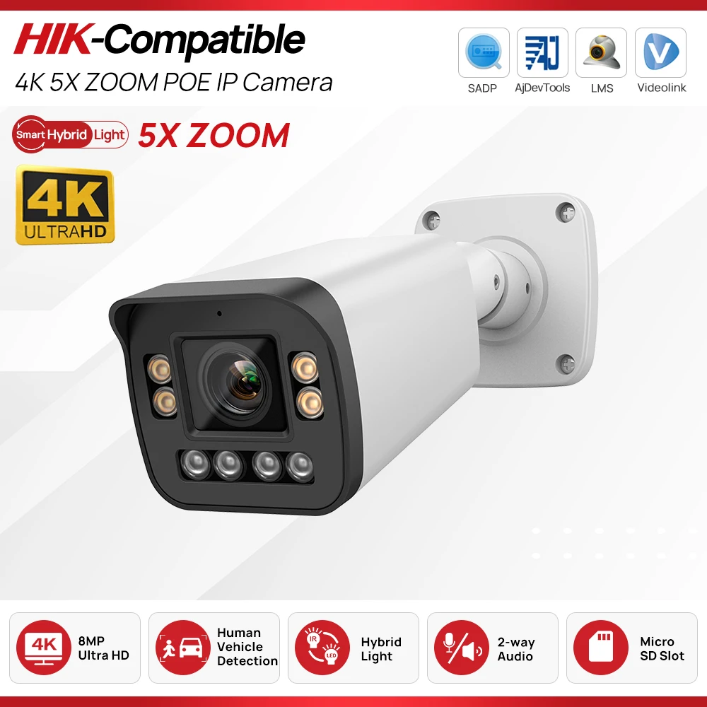 

Hikvision Compatible 8MP Bullet IP Camera 5X Zoom Smart Dual Light with ColorVu Built-in Mic Speaker Video Surveillance Camera