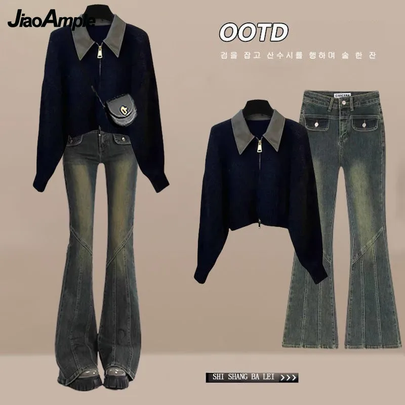 Calça jeans cardigã de malha feminina, suéter de gola polo, jeans fino, conjunto combinado, zíper coreano elegante, outono, inverno, novo, 2 peças