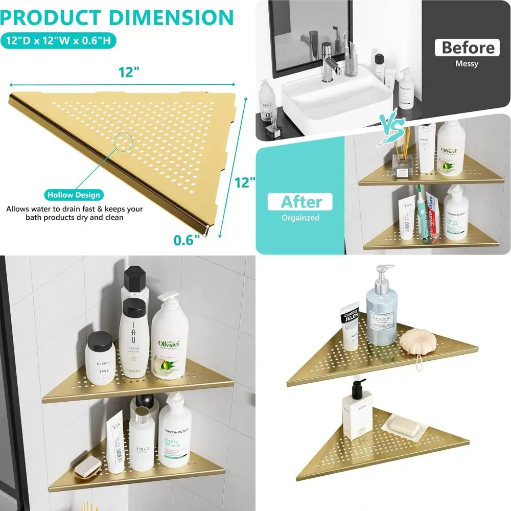 

12, угловая полка для душа, настенное крепление из нержавеющей стали, без сверления, отделка из матового золота