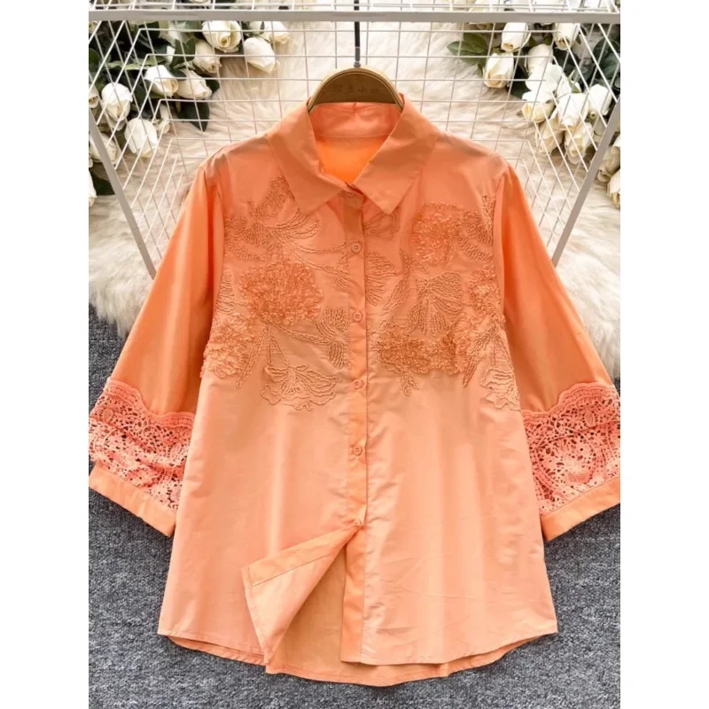 

Весенняя винтажная рубашка, блузка, новинка 2025 года, модная полая вязаная крючком рубашка с вышивкой и кружевной строчкой, тонкая шикарная рубашка с рукавами-фонариками, женские топы