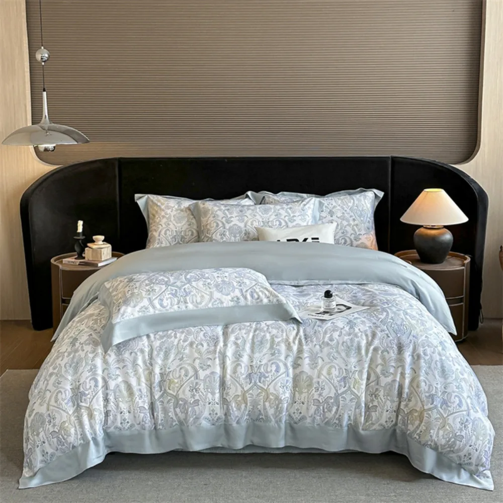

100% Cotton 300TC Summer 4 Piece Bedding Set Deep Pocket Fitted Sheet Home Bed Linen For Bedroom