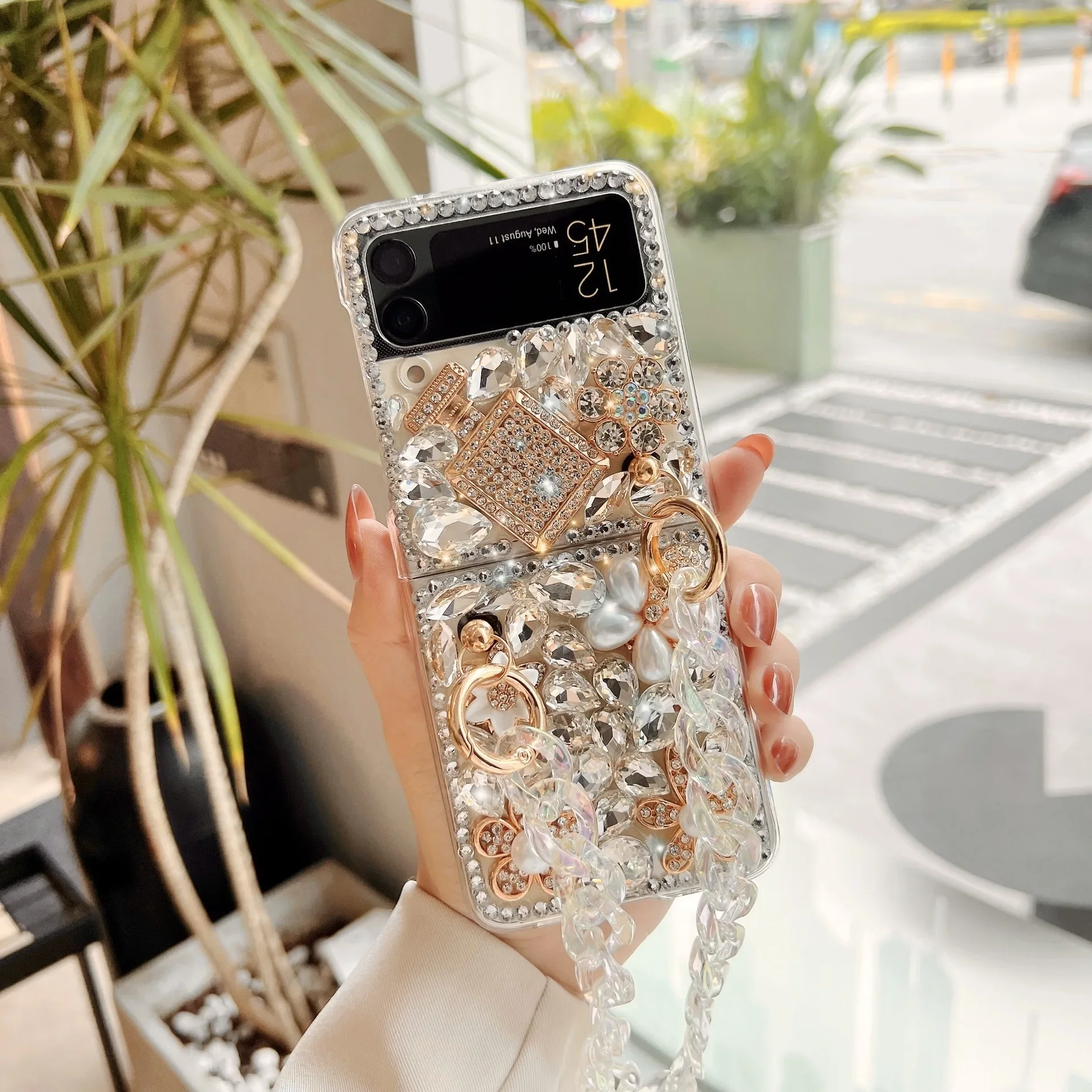 

Three-in-one Acrylic Phone Case with Diamond Chain for Samsung Z Flip 3/4/5/6