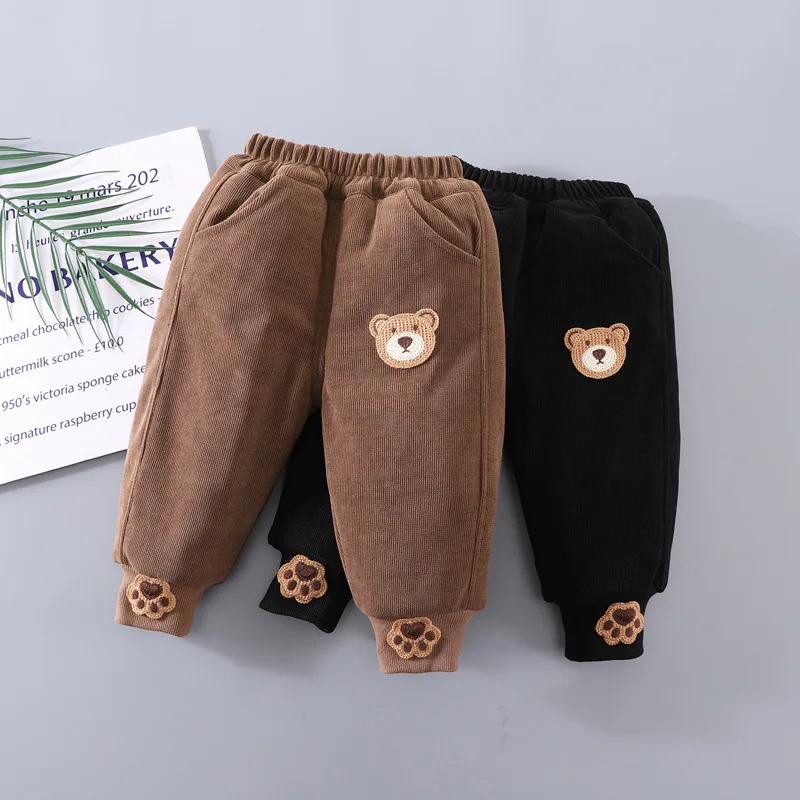 

1-6Y Kids Girl Winter Clothes Cotton Thickened Pants 2025 Baby Autumn Clothes Bear Patch and Paw Detail Warm Casual Daily Wear