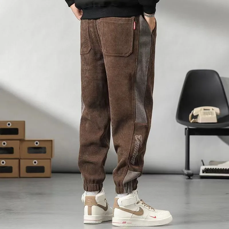 2023 Autumn and Winter Fashion Plush Thickened Corduroy Loose Fashion Versatile Strap Panel Contrast Color Casual Men\'s Pants