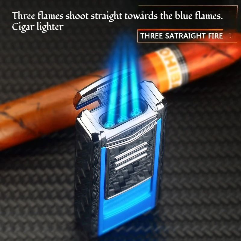 Three Flames Shooting Out of The Blue Flame Inflatable Lighter Metal Cigar Lighter High-end Men's Business Cigar Accessories