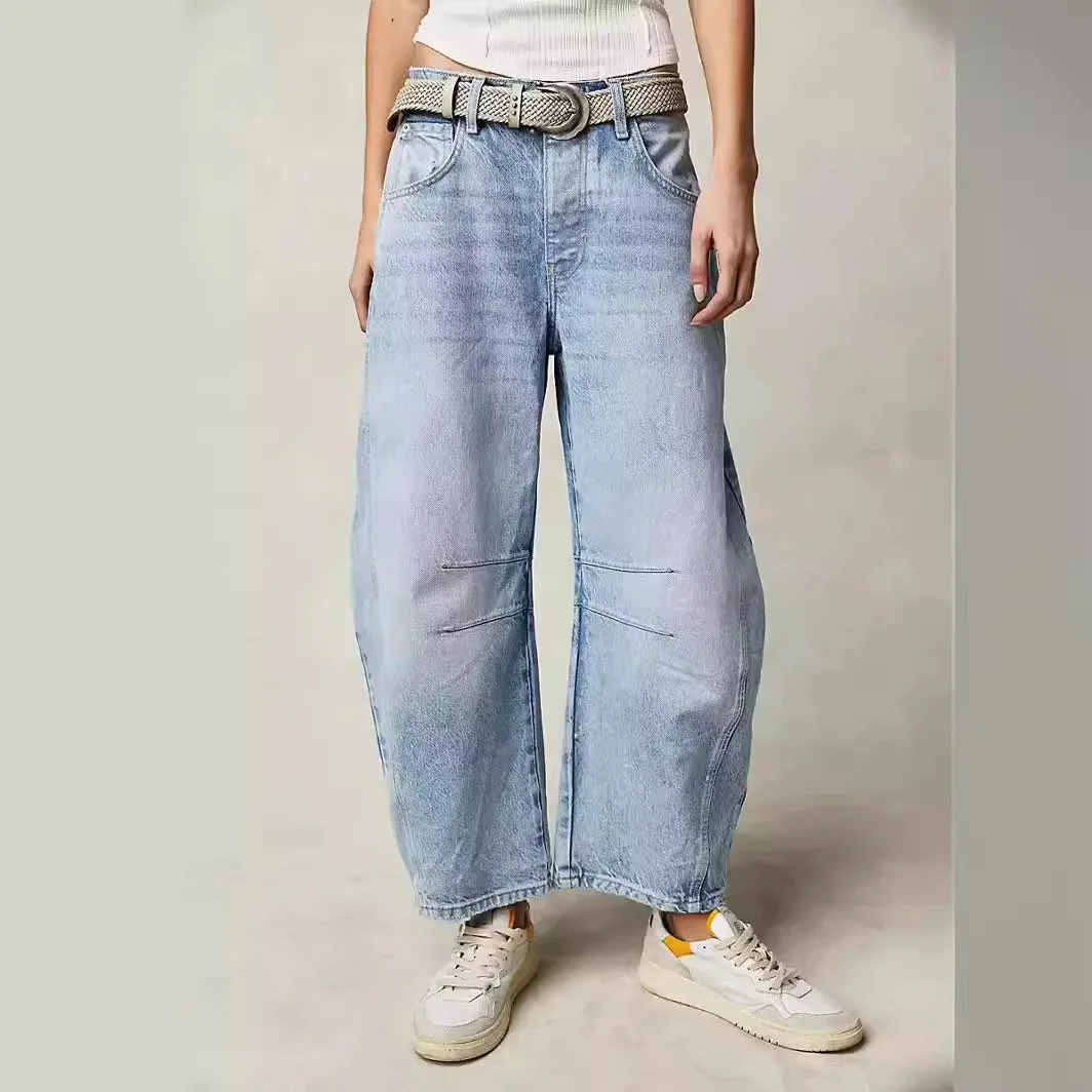 Personality Low-rise Washed Jeans Button Baggy Jeans Women Fashion Multicolor Women Pants Loose Straight-leg Pants Jeans Stretch