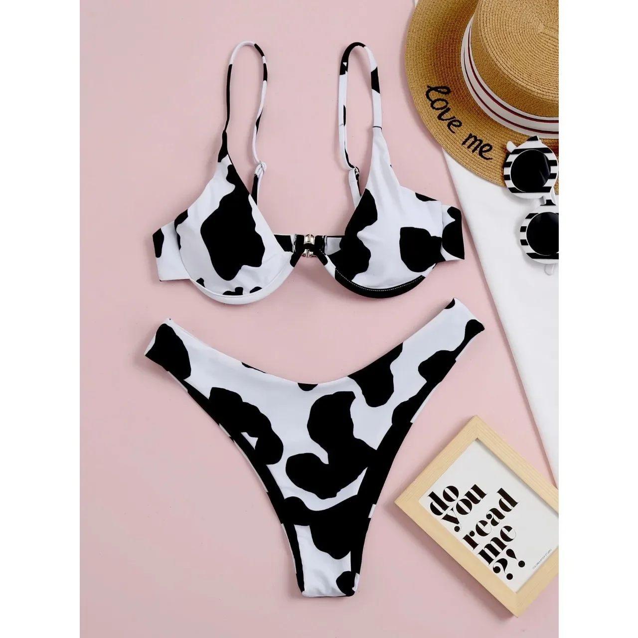 New White Cow Pattern Gathering Beach Two Piece Bikini Swimsuit