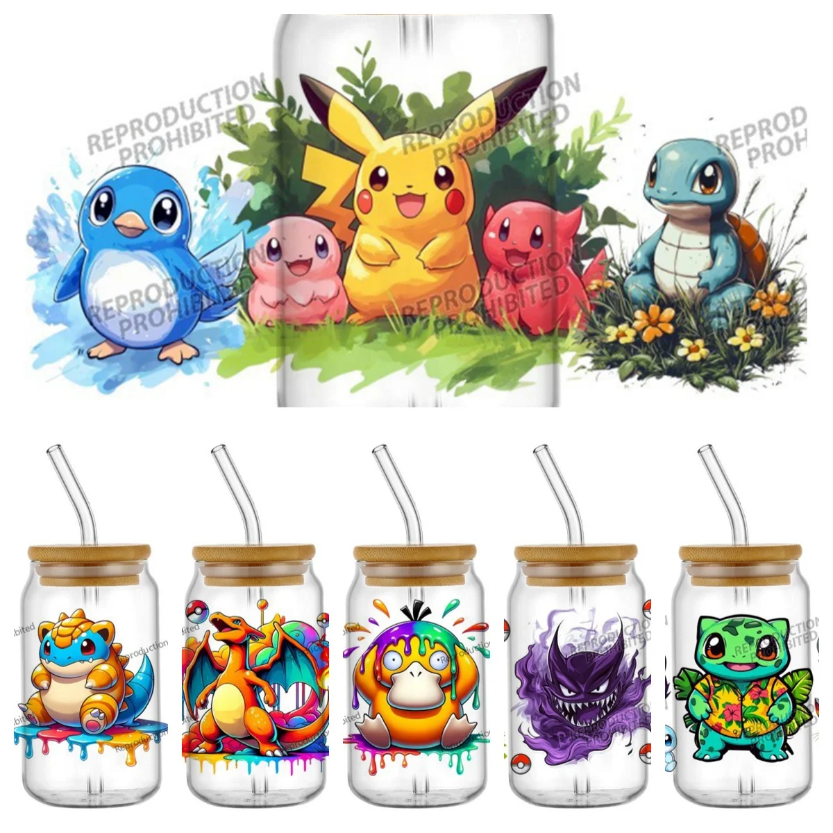 

High Quality 3D Cartoon Kawaii Pokemon Decal UV DTF Cup Wrap for 16oz Libbey Glasses DIY Japanese Anime Mug Transfer Sticker