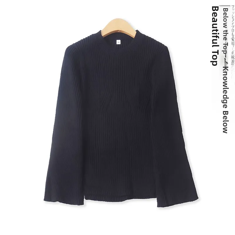 

Slim Fit round Neck Long Sleeve Knitted Sweater Autumn New Style Women's Versatile High Elasticity Striped Knitwear Top