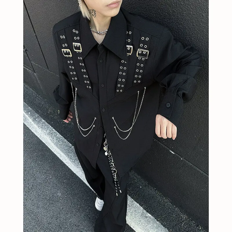 

Мужская свободная футболка Street Sle с металлической цепью, дышащий полиэстер, весенний сезон, повседневный стиль, длинный рукав