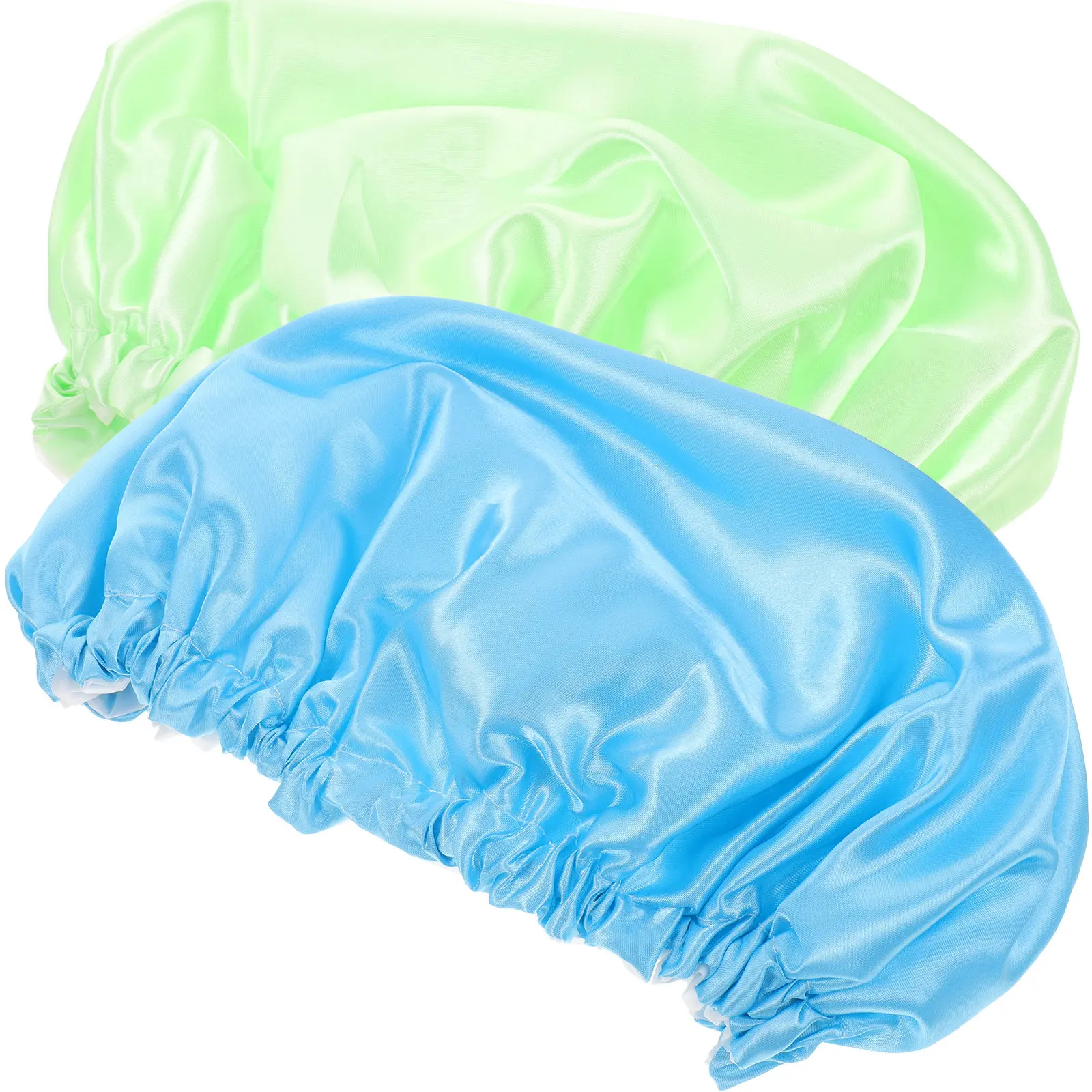 2Pcs Satin Shower Caps for Women Double Layer Bath Hair Cover Makeup Wash Face Comfortable Elastic Stretchy Waterproof