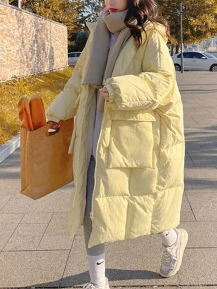 

Winter Long Jacket Women Korean Fashion Solid Color Hooded Cotton Coat Female Oversized Casual Loose Zipper Puffer Outerwear