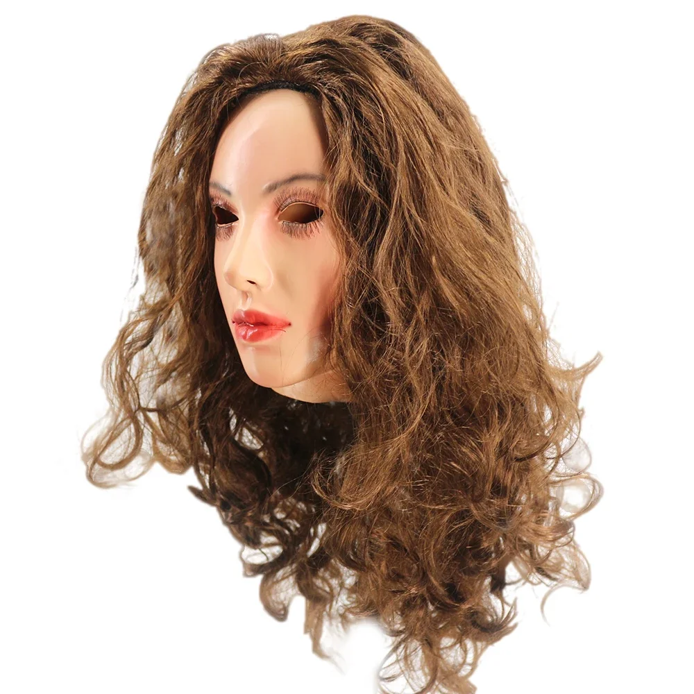 Realistic Latex mask Female Woman Face Halloween Latex Mask with Wig Lady Crossdressing Sissy Transgender Costume 2