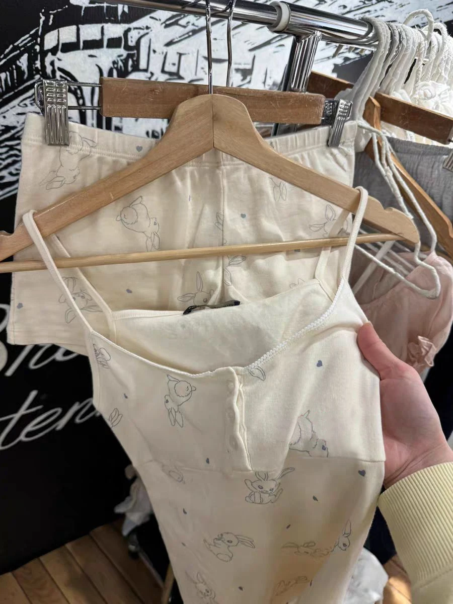 토끼 프린트 코튼 슬림 탱크탑 여성 여름 3버튼 레이스 트림 캐미솔 스윗 귀여운 캐주얼 민소매 베스트 Y2k 탑 신상