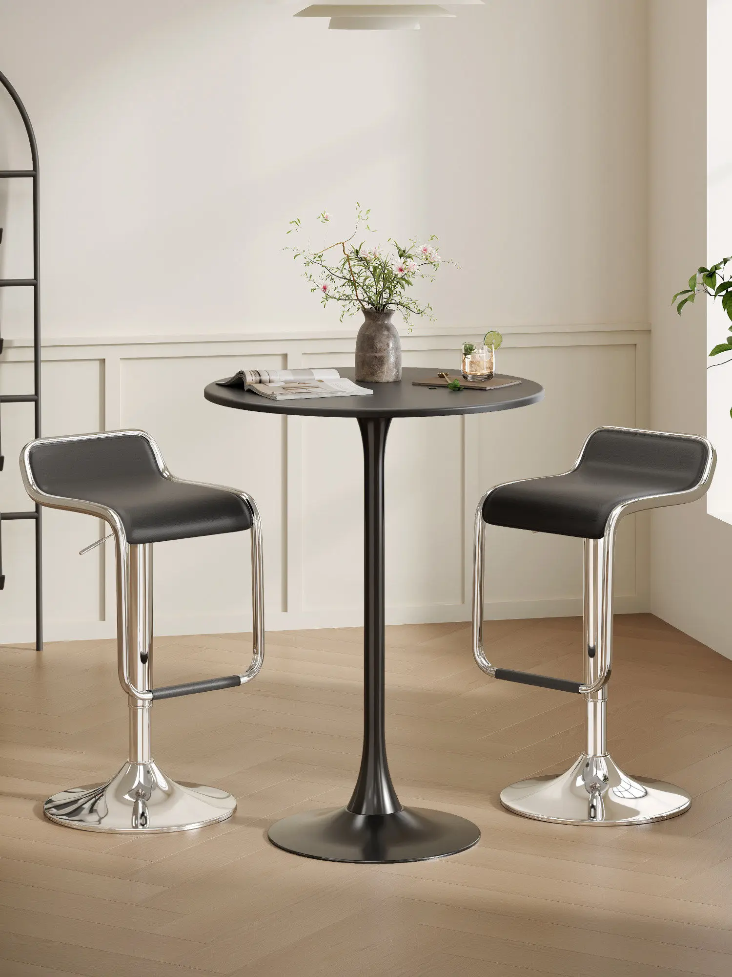 Modern Round Bar Table with High Stools, Counter Height Dining Table for Kitchen, Small Space Pub Table for Balcony Cafe