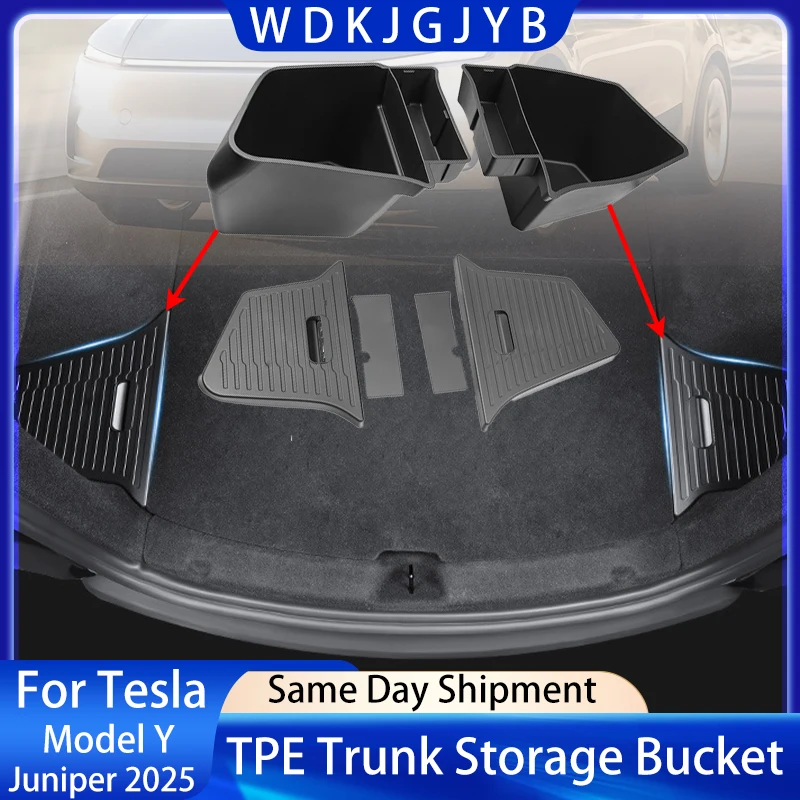 

For Tesla Model Y Juniper 2025 Rear Trunk Side Storage Box Cargo Organizer TPE Bin Box +TPE Mat Partition Board Accessories