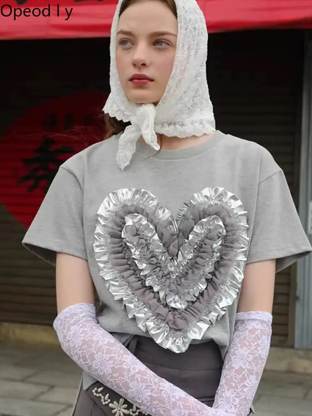 

Japanese Three-dimensional Love Pleated Lace Short-sleeved T-shirt 2026 Summer New Fashion Round Neck Loose Casual Tops Women