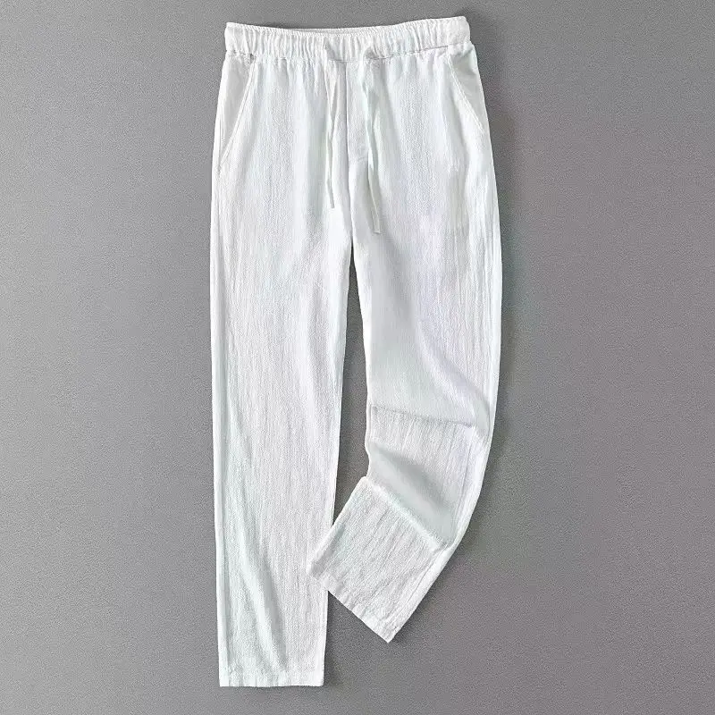 Vintage Men จีบผ้าฝ้ายลินิน Casual กางเกง Drawstring ซิปด้านข้างเอวยางยืด Comfort Breathable กางเกงชายหาดกางเกงตรง