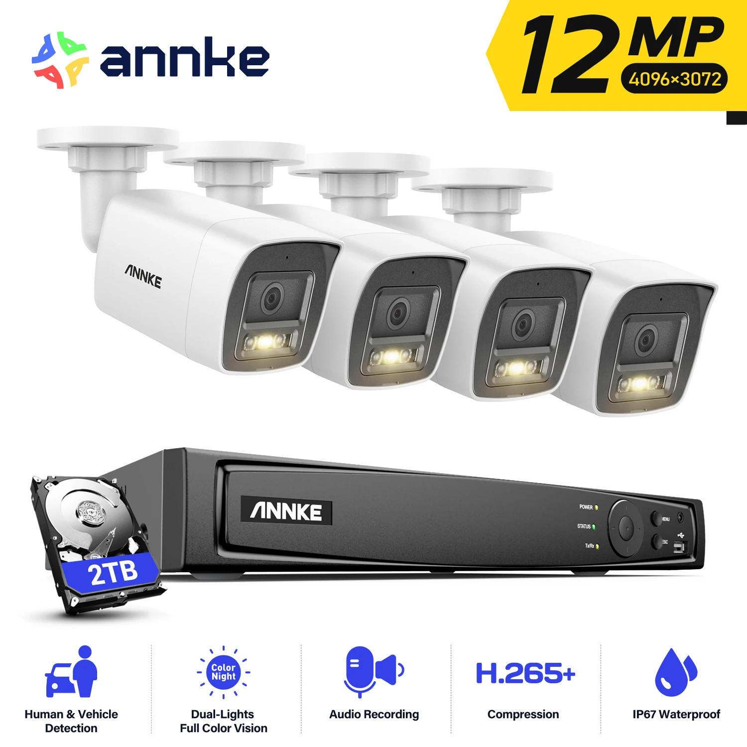 ANNKE POE 비디오 감시 시스템, 8CH NVR 12MP, 듀얼 라이트 오디오 레코드, Ip 카메라 내장 마이크, 사람 및 차량 감지