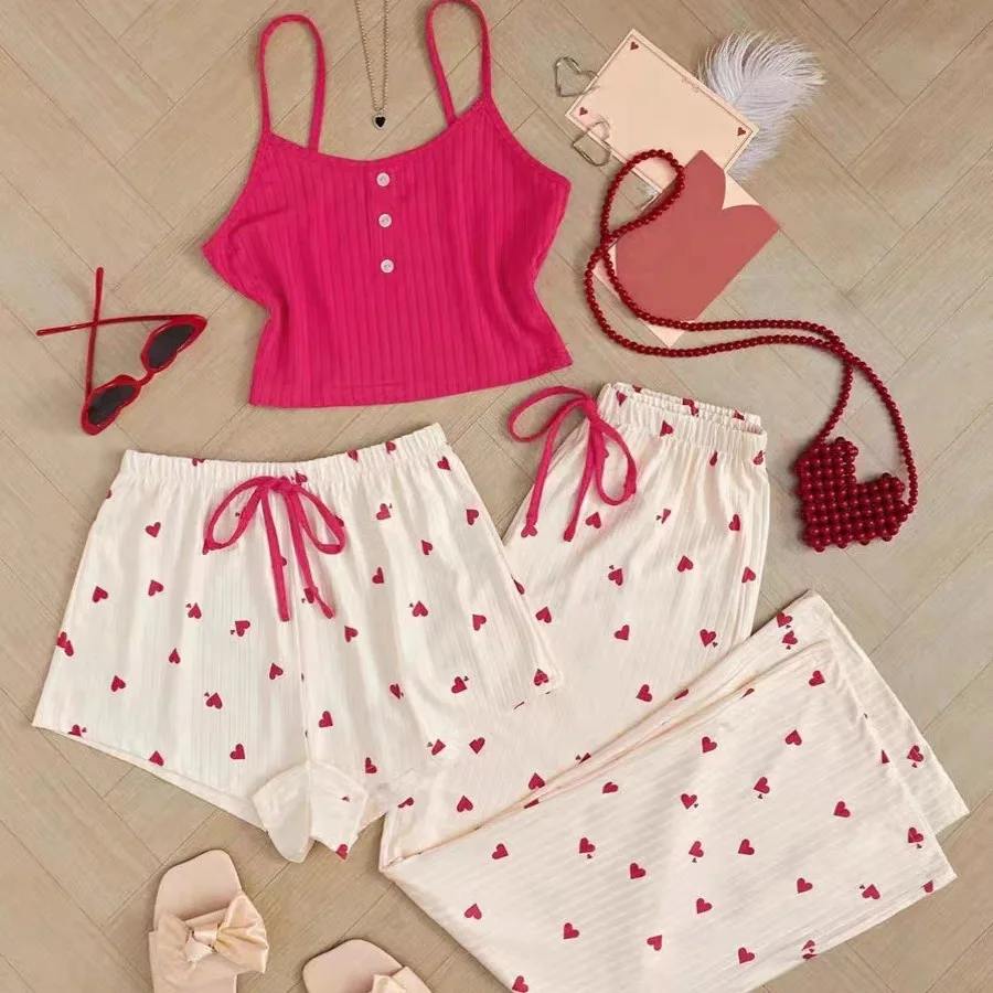 

One set of women's sweet, cute and sexy cotton camisole short-shorts and long-pants three-piece pajamas for spring and summer