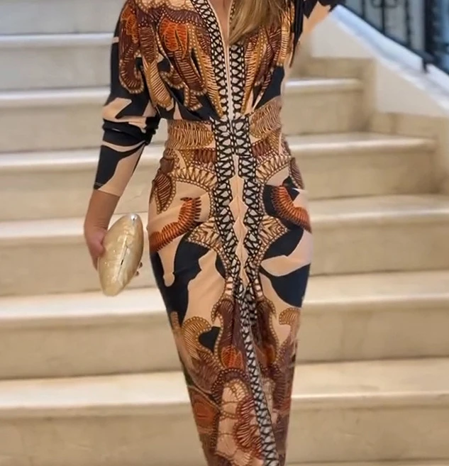 Femmes été Vintage Baroque à manches longues plongeant col en V robe moulante Sexy coupe ajustée robe Maxi