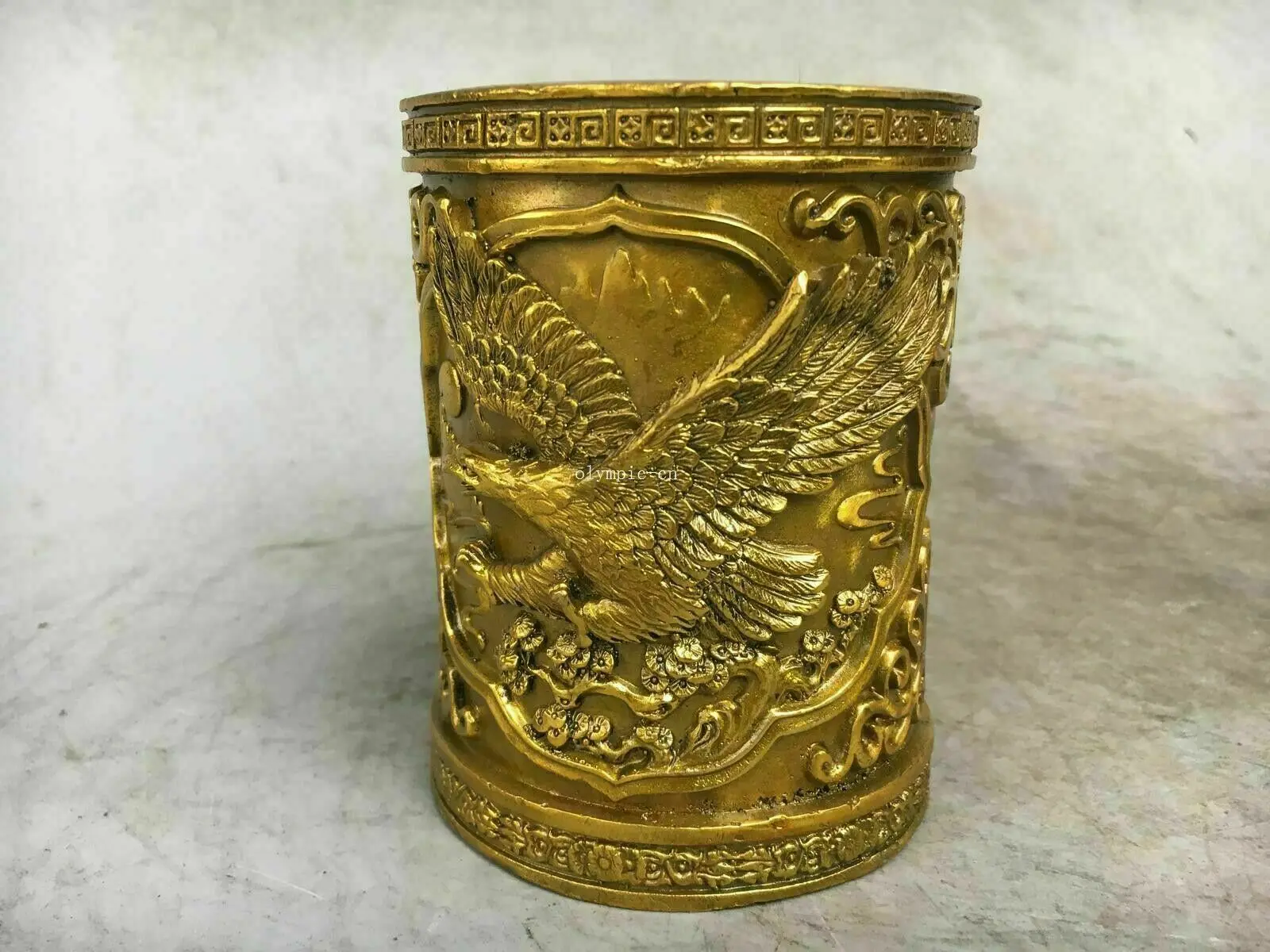 

4'' brass copper carved animal eagle hawk brush pot tubular penrack