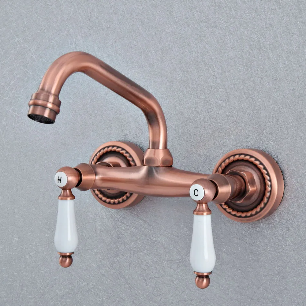 

Antique Red Copper Brass Wall Mounted Kitchen Wet Bar Bathroom Vessel Basin Sink Hot Cold Mixer Tap Swivel Spout Faucet msf886