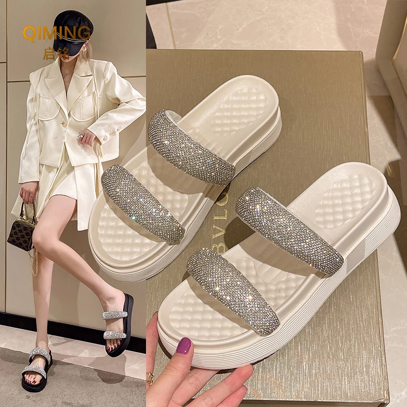 Summer Ladies Shoes For Beach Slippers Women Slides Glitter Fashion Sandals Black White Bling Home Slippers Woman Flip Flops