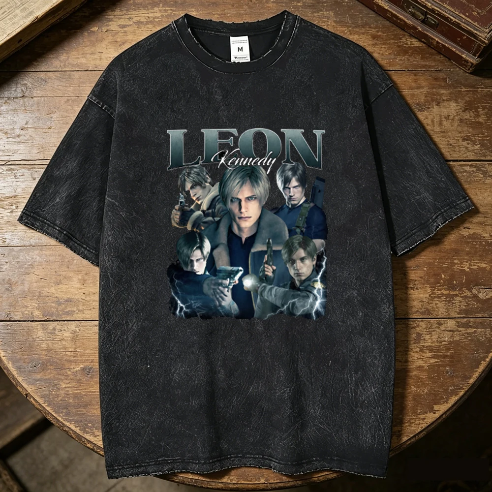 Leon Kennedy cotton Vintage Washed top tees men graphic Grunge 2000s Colorful Y2k Punk shirt 2000s Classic graphic anime Digital