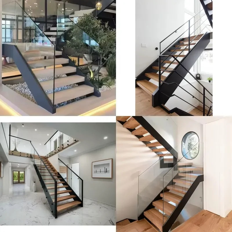for Double Stringer Staircase with Wooden Steps and Crystal Clear Glass Round Bar Railing for Indoor Apartments and Villas