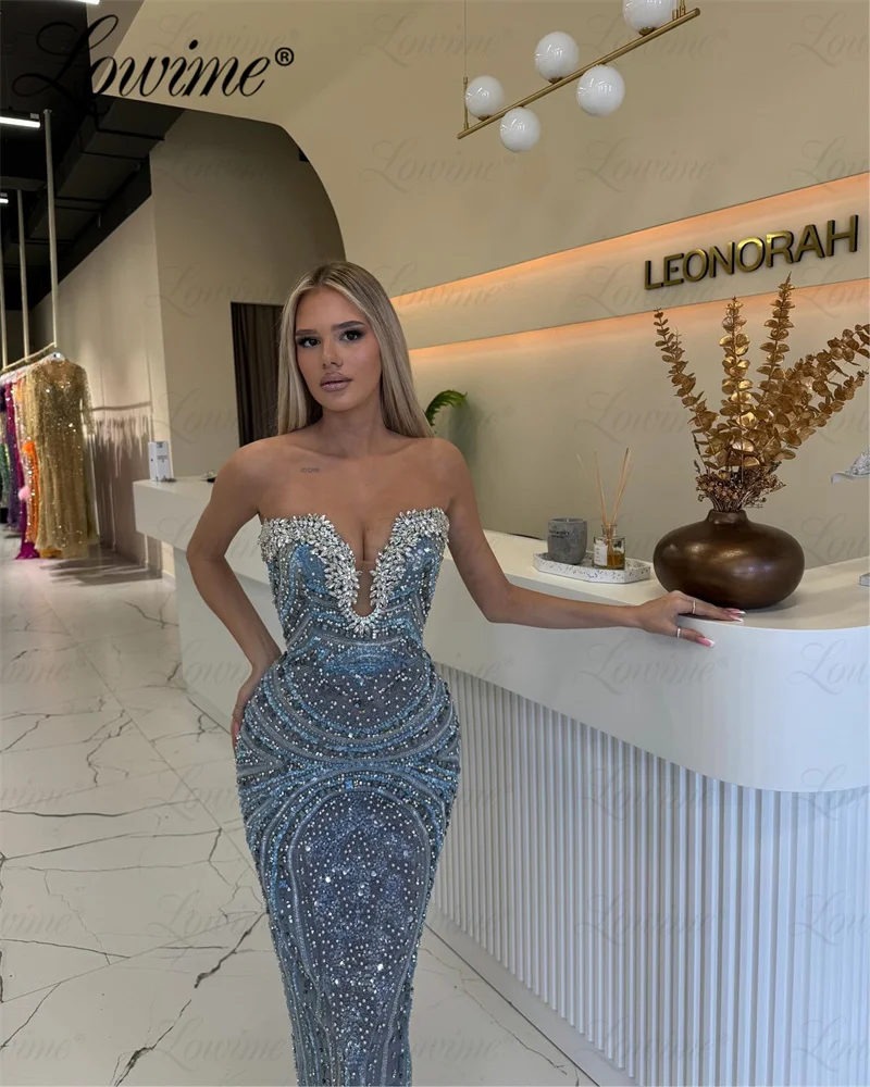 Blue Aso Ebi Party Dress Crystals Beaded Second Reception Birthday Engagement Gowns Prom For Weddings Women Evening Dresses Robe