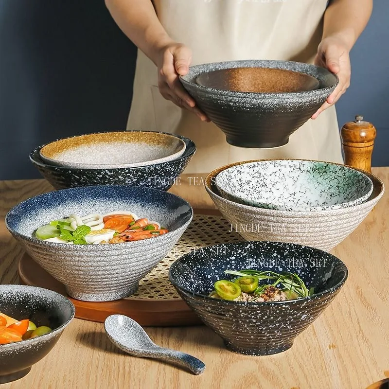 1pc Ceramic Ramen Bowl Rustic Speckled Glaze Threaded Surface Wide Mouth Salad Noodle Bowl Home Kitchen Restaurant Food Serving