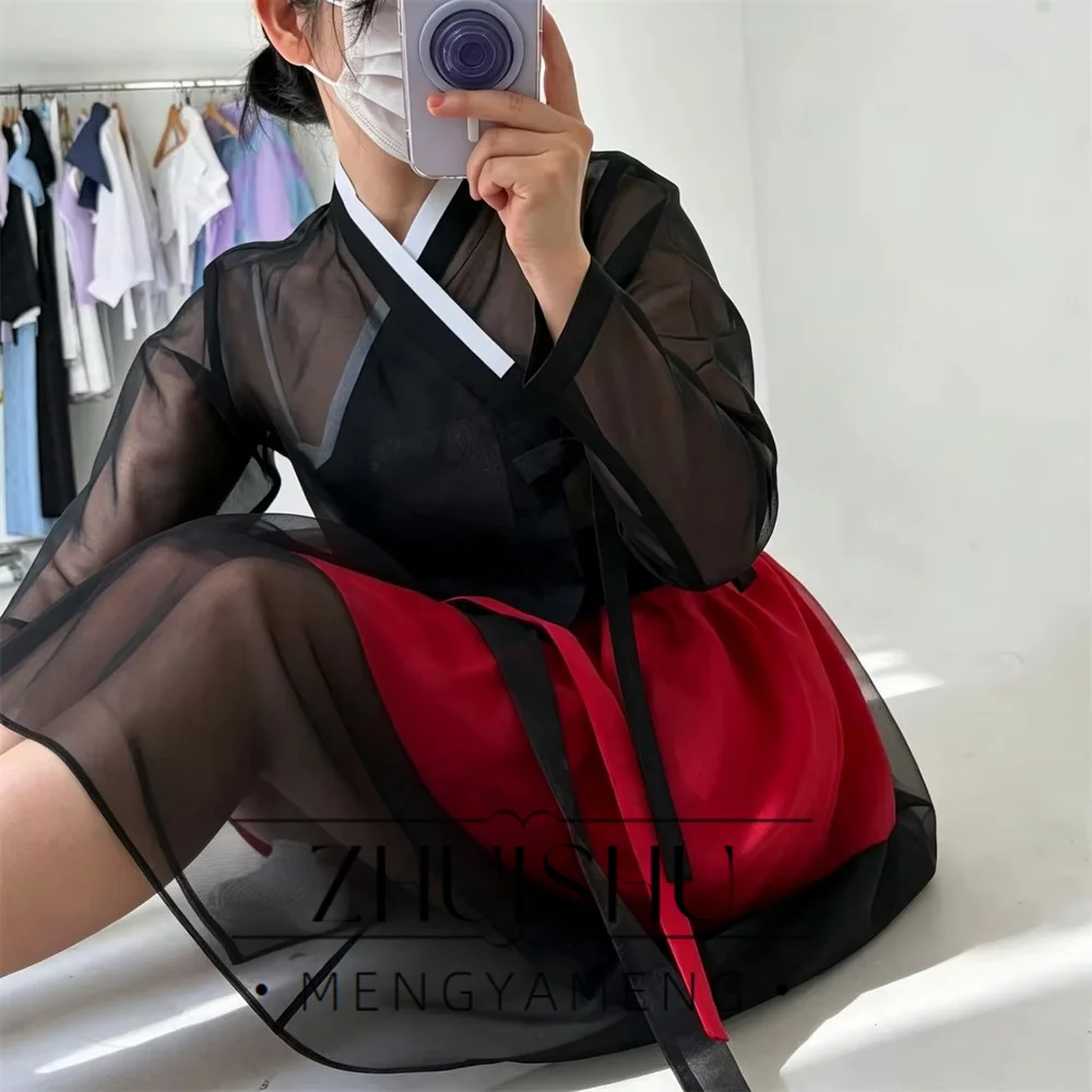 Princess Black Red Short Hanbok Organza Long Sleeve Korean Photo Shoot Dress A-line Mini Party Prom Dresses Customized 2026