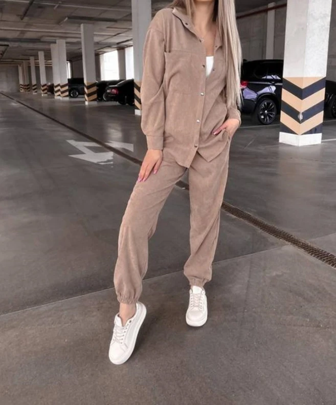 Women\'s Corduroy Set 2024 Spring Latest Street Trendsetter Warm Satin Metal Button Long Sleeved Shirt Calf Pants Two Piece Set