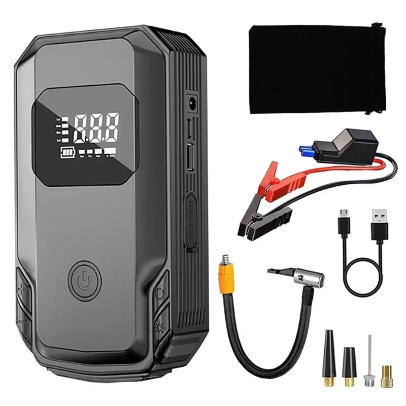 

Portable Car Tire Inflator & Jump Starter LED Light Display Car Emergency with Tire Inflator Tool