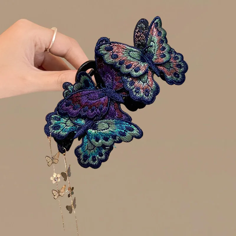 Vintage Embroidered Iridescent Butterfly Tassel Hair Claw Clips 2026 New Ethnic Updo Shark Clip Boho Hair Accents 2pcs For Women