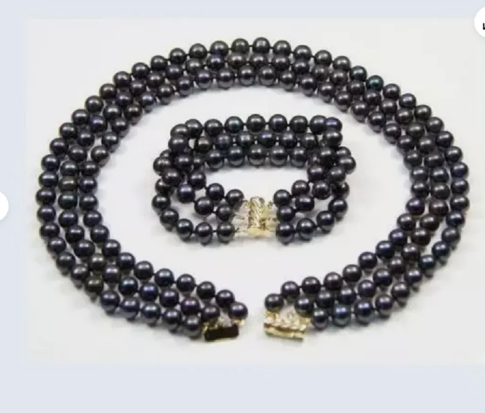 

triple strands 9-8mmRoundTahaitian Black Pearl Necklace17-19"+bracelet set 14kp
