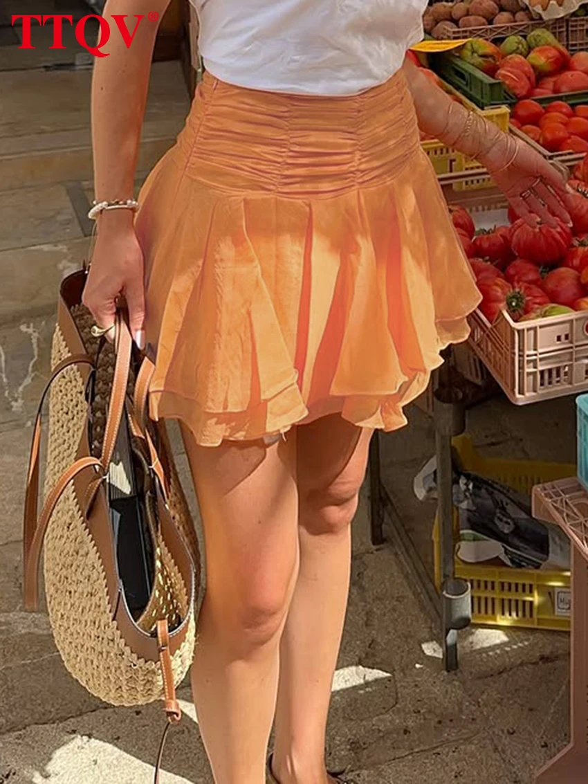 TTQV Fashion Loose Orange Women's Skirt 2026 Casual High Waist Mini Skirts Lady Elegant Classic Pleated Skirt Female Clothing
