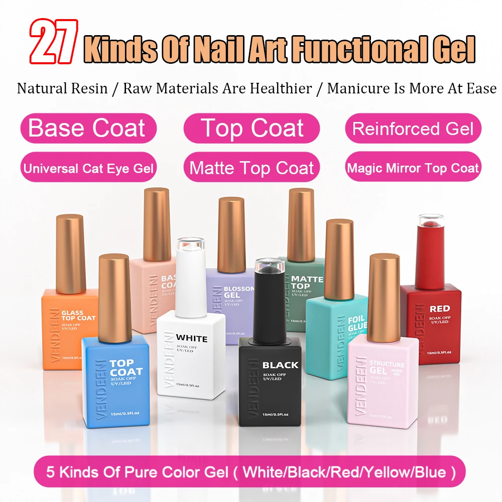 

Vendeeni 27 Kinds UV Functional Gel Nail Polish Top Coat Base Coat Mirror Gel Builder Gel Cat Eye Gel Pure Color Gel Black White