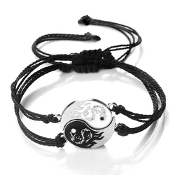 Fashion Couple Bracelet Set Black White Braided Rope Jewelry Dragon Tai Chi Yin Yang Matching Bracelets Gift for Friends Lover