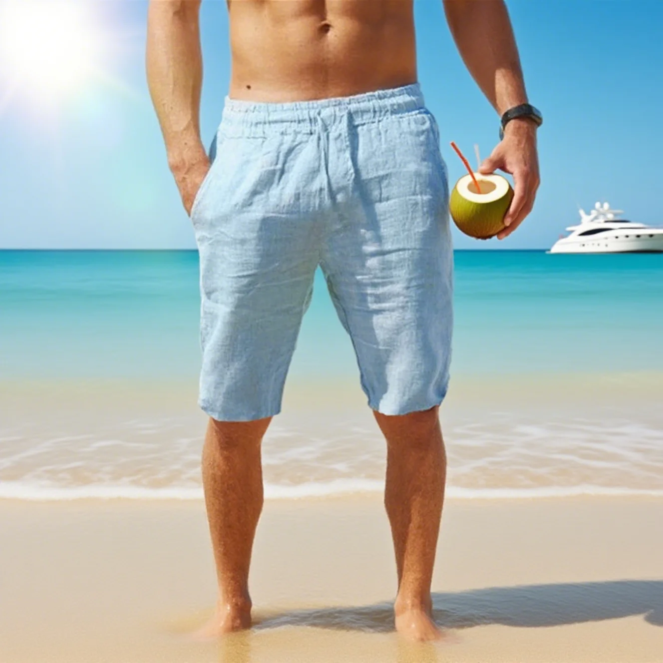 Pantaloncini di lino in cotone da uomo Pantaloni corti di lino casual larghi Pantaloni di lino tinta unita traspiranti estivi maschili Fitness Streetwear