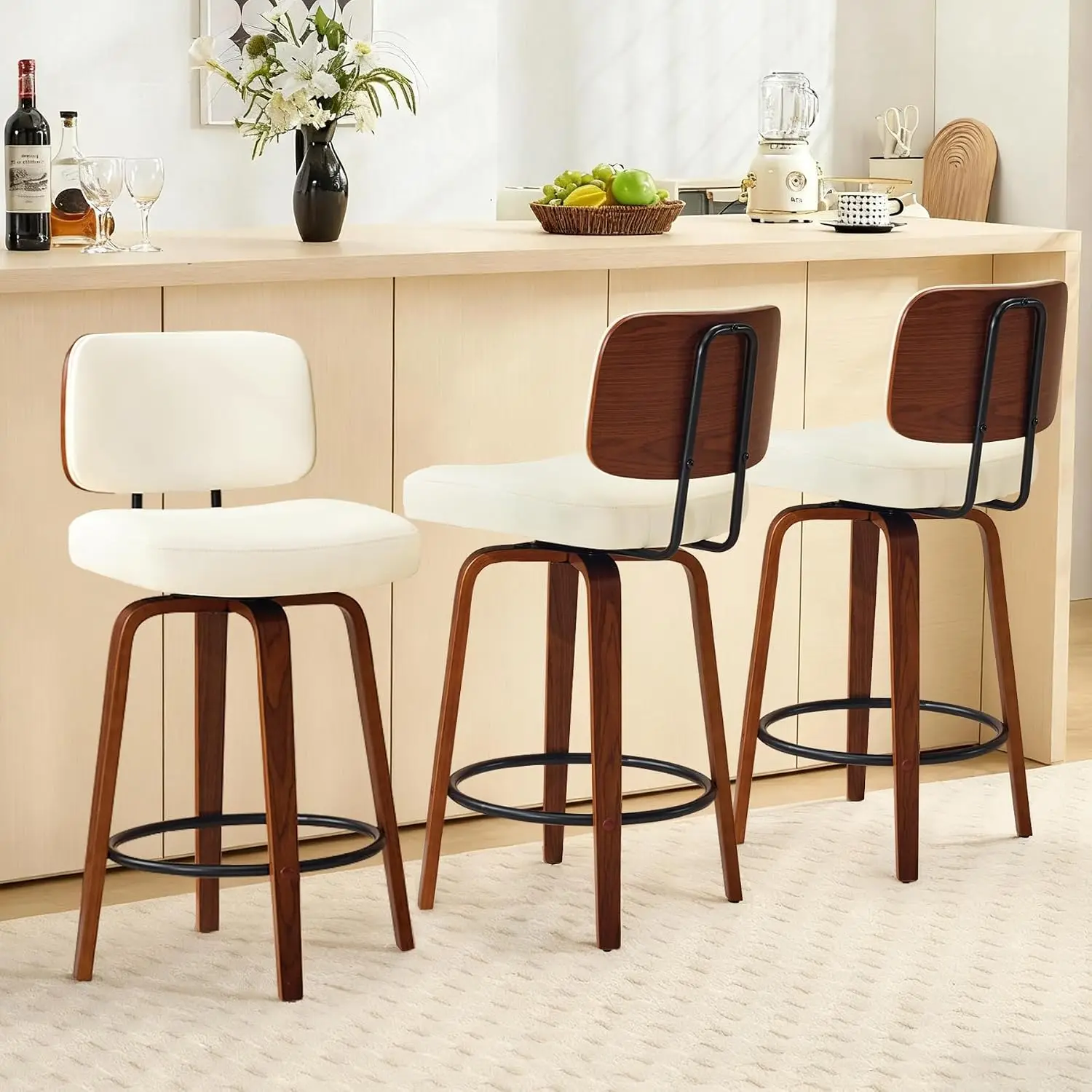 Counter Height Bar Stools Set of 3, 26+inch Swivel Faux Leather Barstool with Back, Upholstered Mid-Century Modern Bar Chairs wi