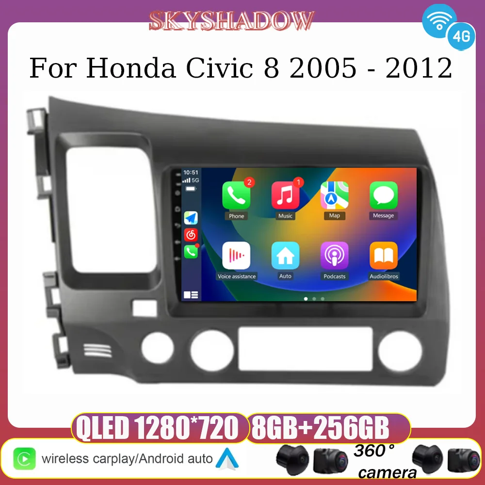 Android 14 Carplay  For Honda Civic 8 2005 - 2012 Auto 4G+WIFI GPS Car Radio Navigation Multimedia Video Player Stereo NO 2DIN