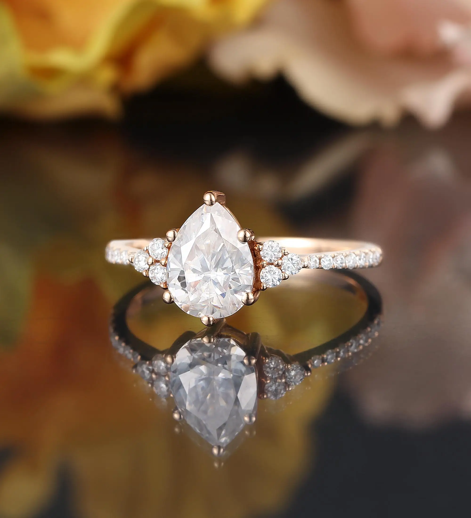 

Vintage Rose Gold Pear Shaped Moissanite Engagement Ring Half Eternity Diamond Prong Set for Anniversary Bridal Promise Wedding
