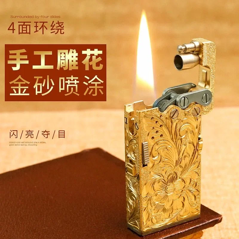 Vintage Brass Liquid Oil Lighter Steam Punk Mechanical Gear Linkage Automatic Ejection Gasoline Lighter Handmade Gift for Men