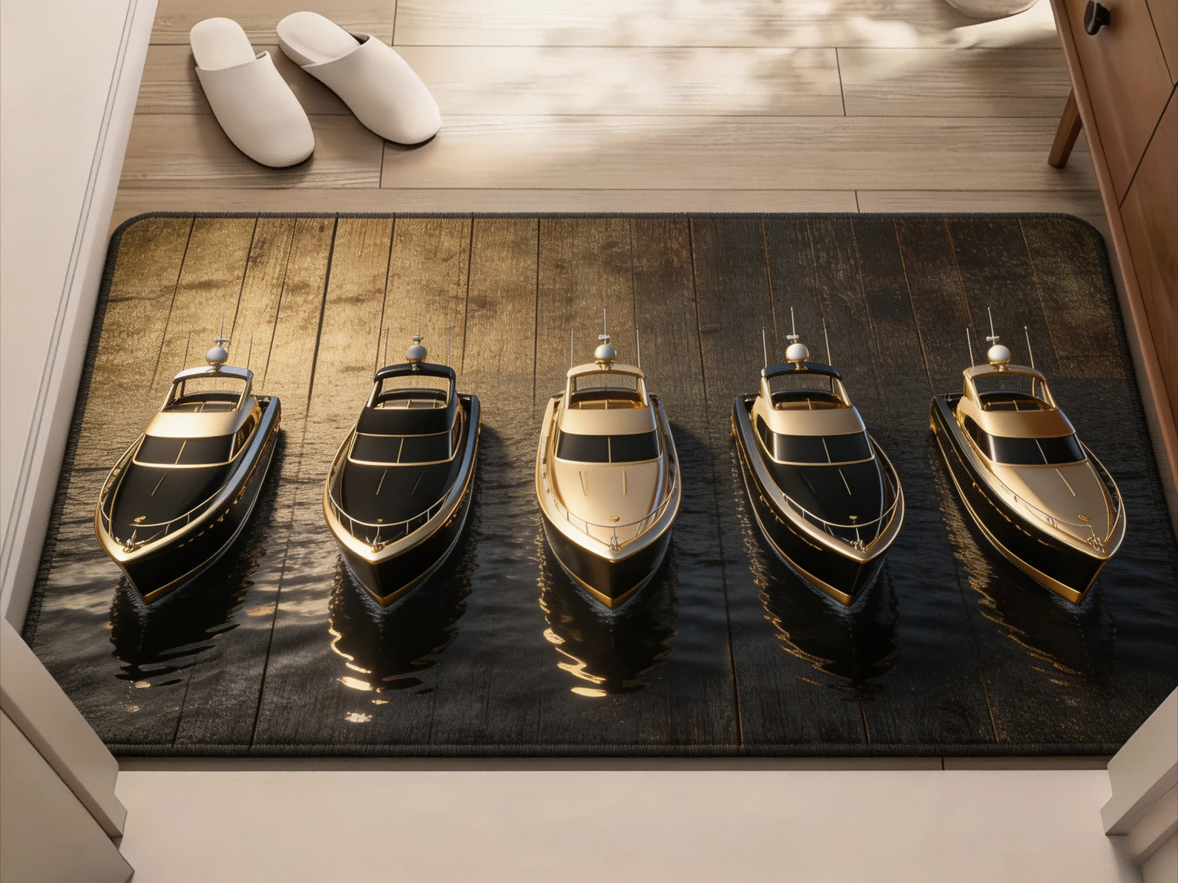 Luxury Yacht Area Rug Black Gold Speedboats Water Reflection Art Print Modern Nautical Graphic Rug for Living Room Home Space