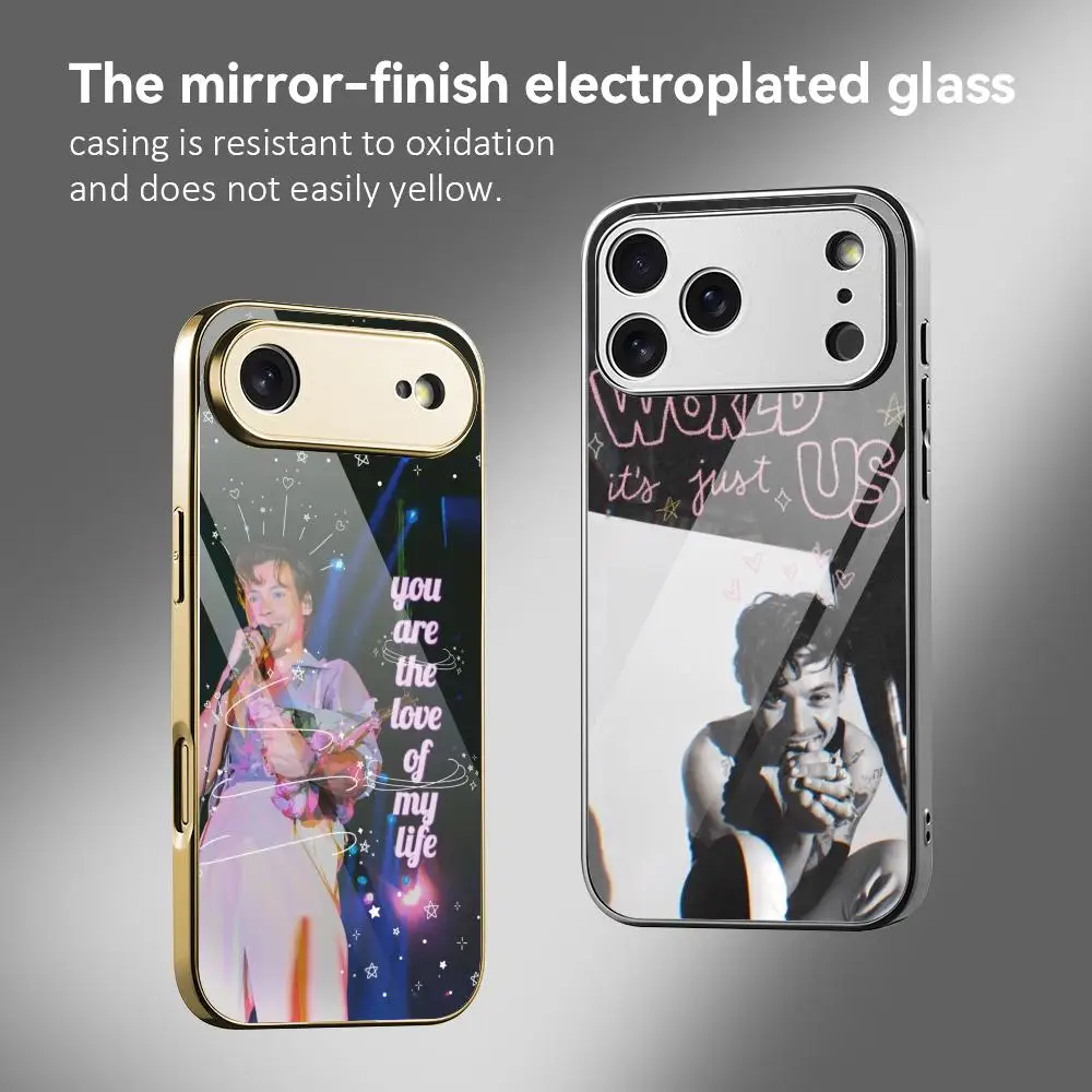 

H-Harry Styles Singer Phone Case For IPhone 17 16 15 14 13 12 Pro Max Plus Electroplated Metal Bumper Case Tempered Glass Back