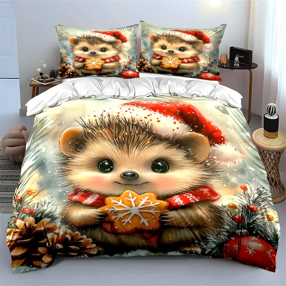 Adorable hedgehog in a Santa hat holding a snowflake cookie Print Duvet Cover Bedding Set Included 1*Duvet Cover 2*Pillowcases