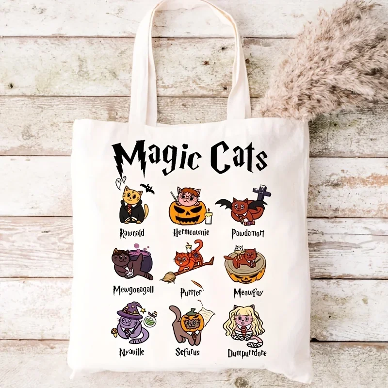 Magic Cat Print Tote Bag, Cat Super Cute Shoulder Bag, Christmas Birthday Gift Bag, Handbag Perfect For School, Travel, Shopping