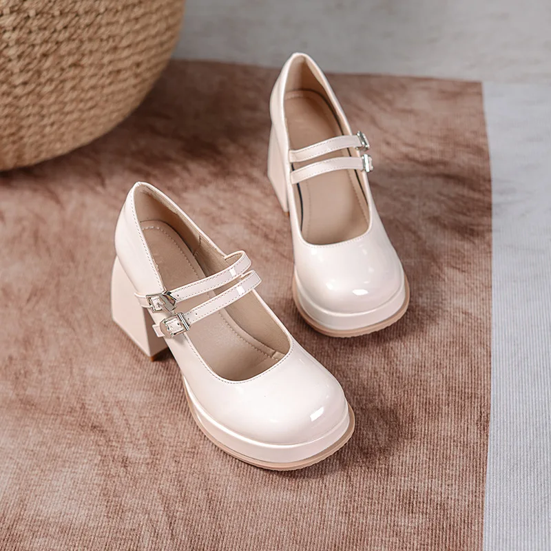 النمط الفرنسي ماري جين أحذية للنساء الربيع والخريف جولة تو منصة حذا فردي للسيدات مكتنزة براءات الاختراع والجلود عالية الكعب